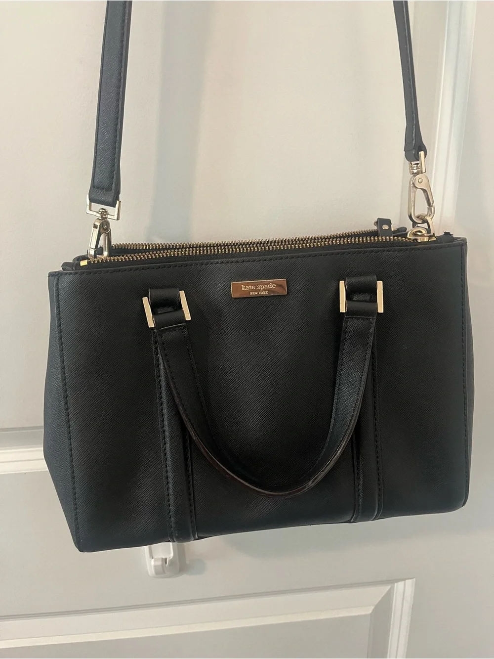 kate spade Black Structured Saffiano Satchel with Gold Hardware